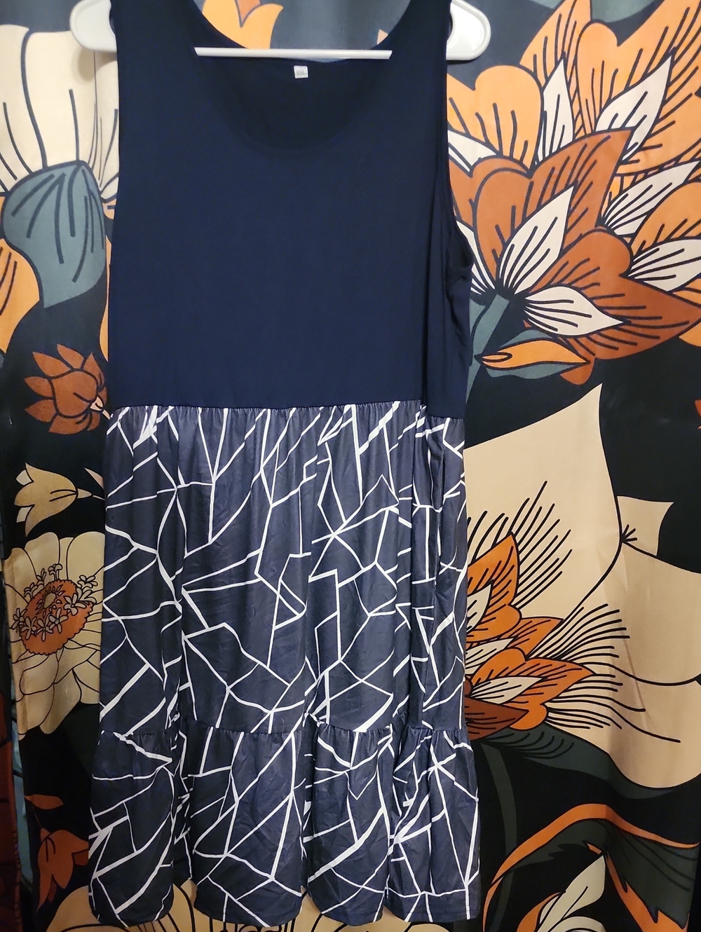 Sleeveless Navy Maxi Dress with White Geometric Tiered Skirt